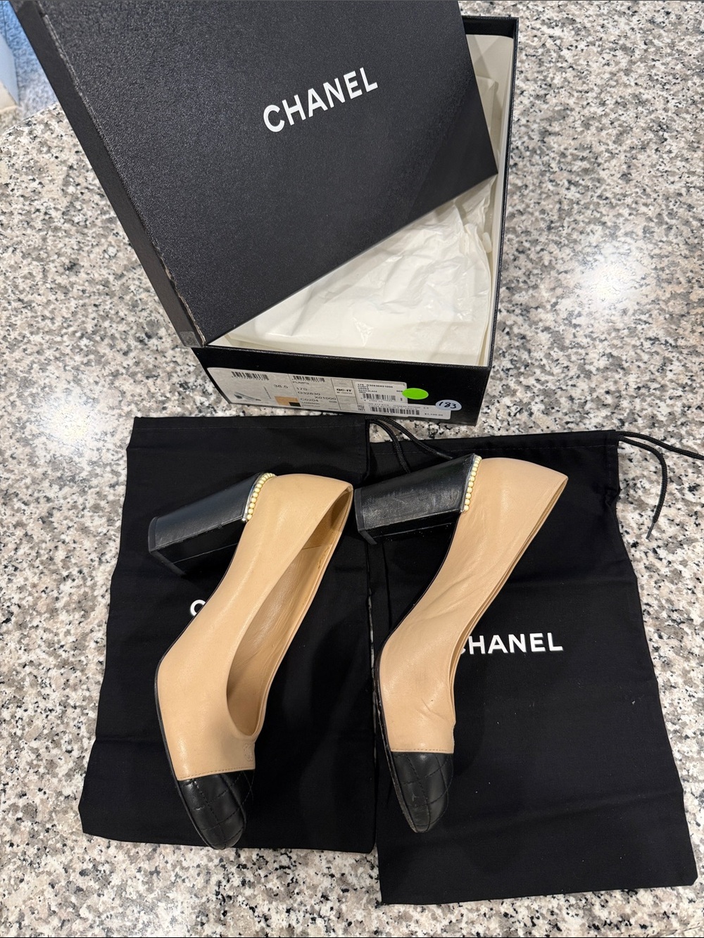 CHANEL Two-Tone Beige Leather Pumps with Black Quilted Cap Toe - Picture 2 of 15
